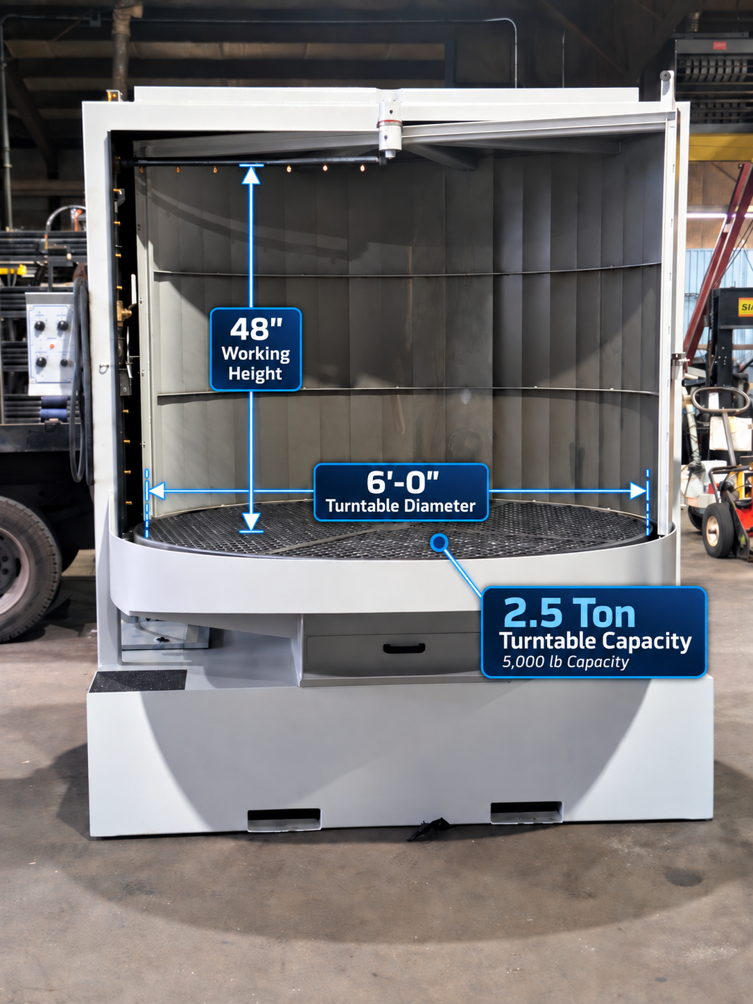 CUDA 7248 large aqueous parts washer with 72-inch turntable, 5,000 lb capacity and 48-inch working height